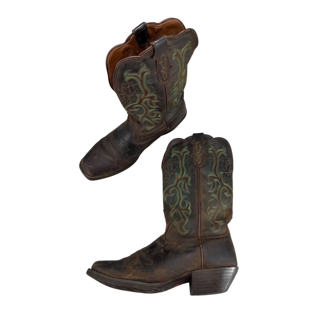 Justin Boots Stampede Cowboy Boots Brown Leather Teal Stitch Square Toe Womens 9